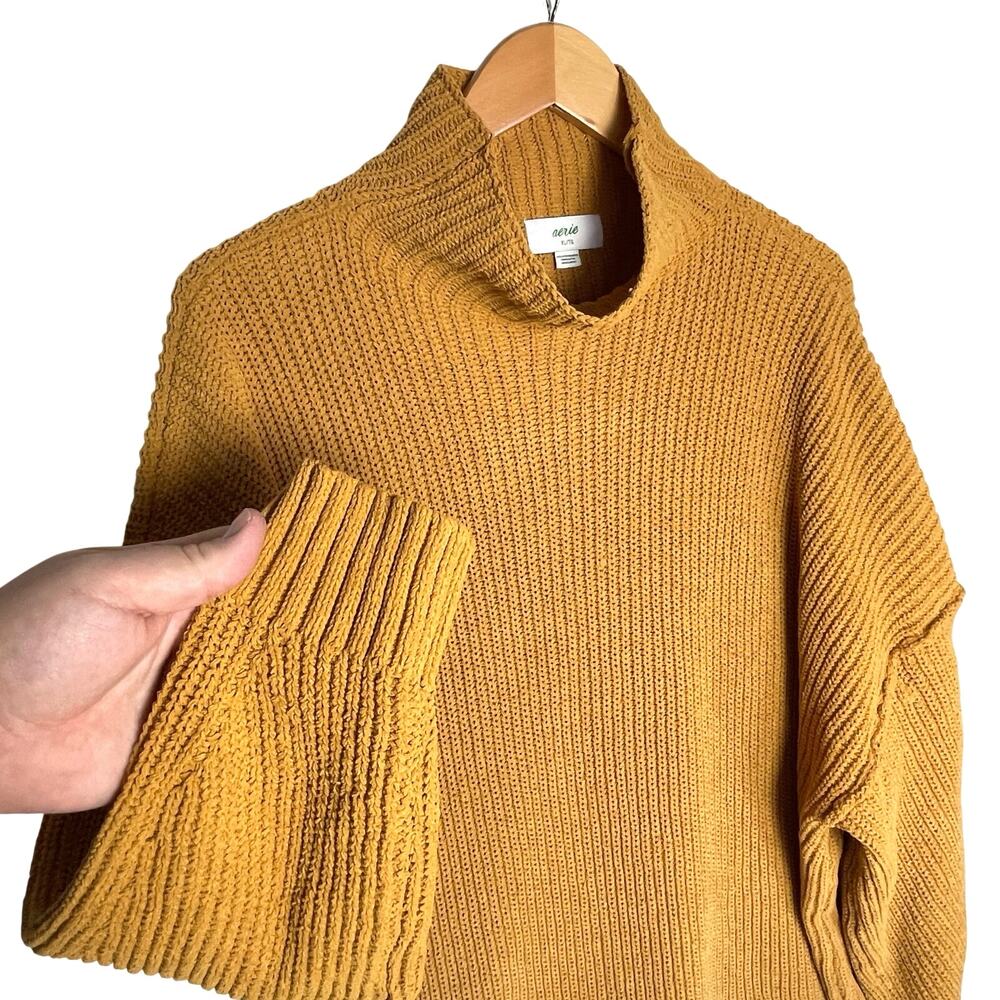 AERIE Women’s Oversized Chunky Chenille Knit Mock Neck Mustard Sweater - Picture 2 of 3